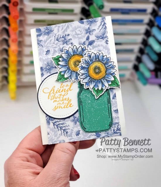Jar of Flowers Jar Punch in Just Jade In Color designer paper with Celebrate Sunflowers blue sunflowers card idea by Patty Bennett www.PattyStamps.com
