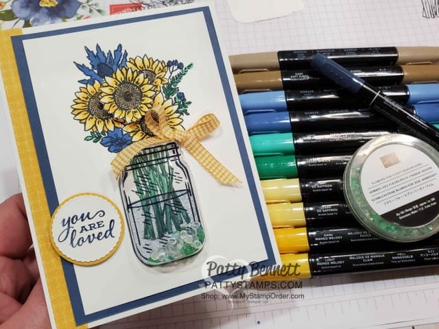 Jar of Flowers Sunflower card with Mason Jar shaker dome. Colored with Stampin' Blends alcohol markers by Patty Bennett www.PattyStamps.com