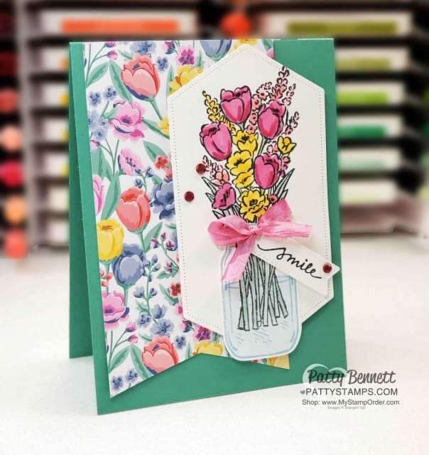 Mason Jar punch Jar of Flowers card featuring Stampin' Blends markers and Flowers for Every Season designer paper. www.PattyStamps.com