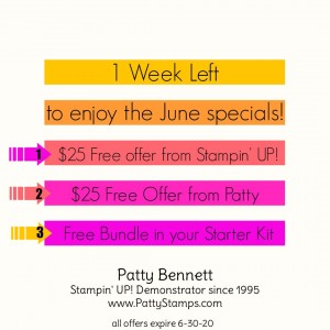 June 2020 special offers from Stampin' UP! and Patty Bennett on your papercrafting and cardmaking orders, or join my team and get a free bundle! www.PattyStamps.com expires 6-30-20