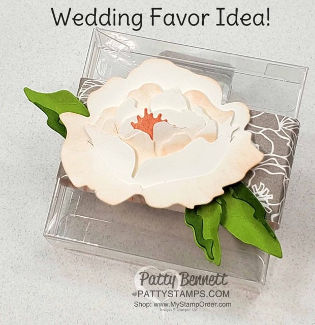 Perfect Wedding Favor Idea! 3D Peony Flower on a 3x3 Acetate Box featuring the Stampin' UP! Peony dies, sponge daubers, Peony Garden Designer paper, and adhesive! www.PattyStamps.com