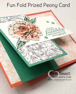Fun Fold Card idea featuring Stampin' Up! Prized Peony bundle, Peony Garden designer paper and Elegant Faceted Gems. by Patty Bennett www.PattyStamps.com
