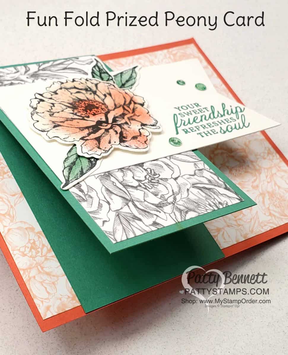 Fun Fold Card idea featuring Stampin' Up! Prized Peony bundle, Peony Garden designer paper and Elegant Faceted Gems. by Patty Bennett www.PattyStamps.com