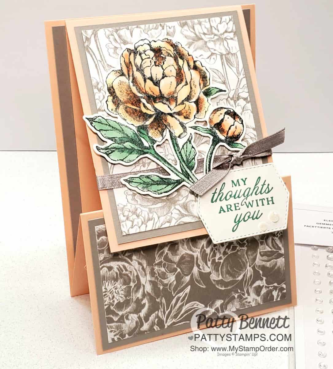 Amazing Easel fun fold card featuring Stampin' Up! Peony Garden paper, shimmery granite ribbon, and Peony stamp set. by Patty Bennett www.PattyStamps.com