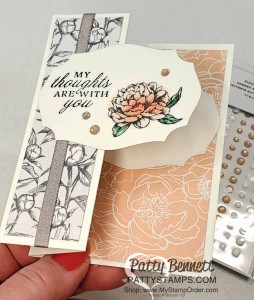 Super easy fun fold card featuring Stampin' Up! thick Whisper White note cards, Peony Garden paper, shimmery granite ribbon, and Peony stamp set. by Patty Bennett www.PattyStamps.com