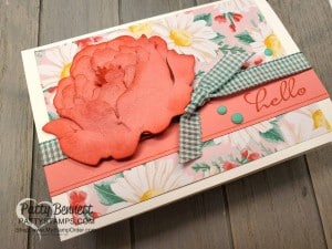 Peony Note Card: Emboss cardstock with the Stampin' UP! Tasteful Textile embossing folder, then die cut with Peony dies. Spritz with Champagne Mist Glimmer paint mixed with rubbing alcohol, let dry and assemble. www.PattyStamps.com