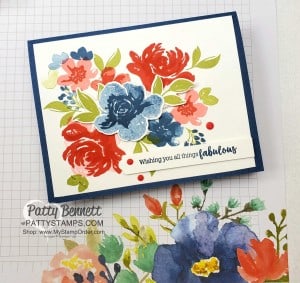 Stampin Up Floral Grid paper (#150819) and All Things Fabulous stamp set inspired card! Misty Moonlight, Poppy Parade, Flirty Flamingo & Pear Pizzazz ink. www.PattyStamps.com
