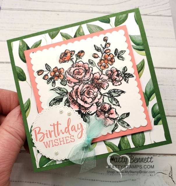 Fancy Phrases stamp set colored with Stampin' Blends. Birthday card square card idea by Patty Bennett featuring Forever Greenery designer paper. www.PattyStamps.com