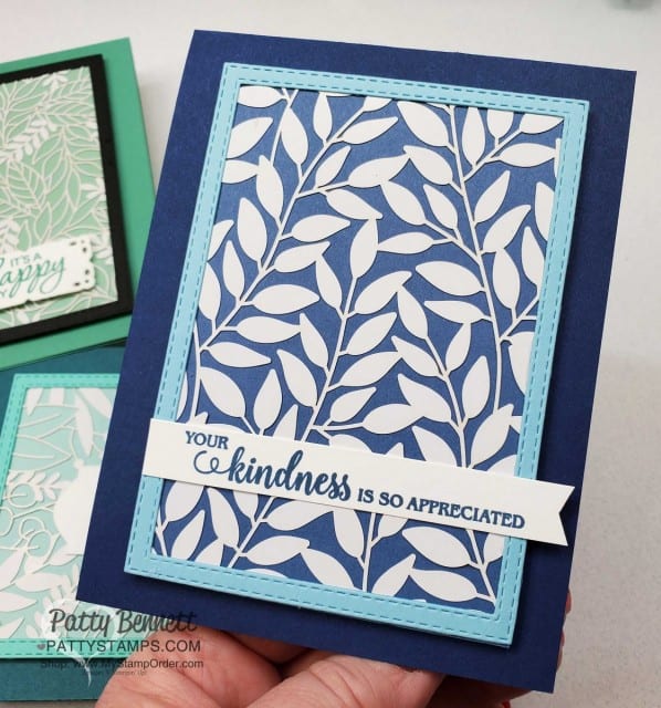 Laser-cut card featuring Stampin' UP! Forever Gold Laser-cut paper.  Framed with Stitched Rectangle framelit and greeting from Flowering Blooms stamp set. www.PattyStamps.com
