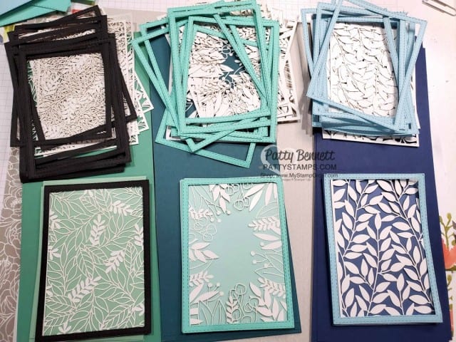 Laser-cut card ideas featuring Stampin' UP! Forever Gold Laser-cut paper. Card panels ready to add to your card. Framed with Stitched Rectangle framelit. www.PattyStamps.com