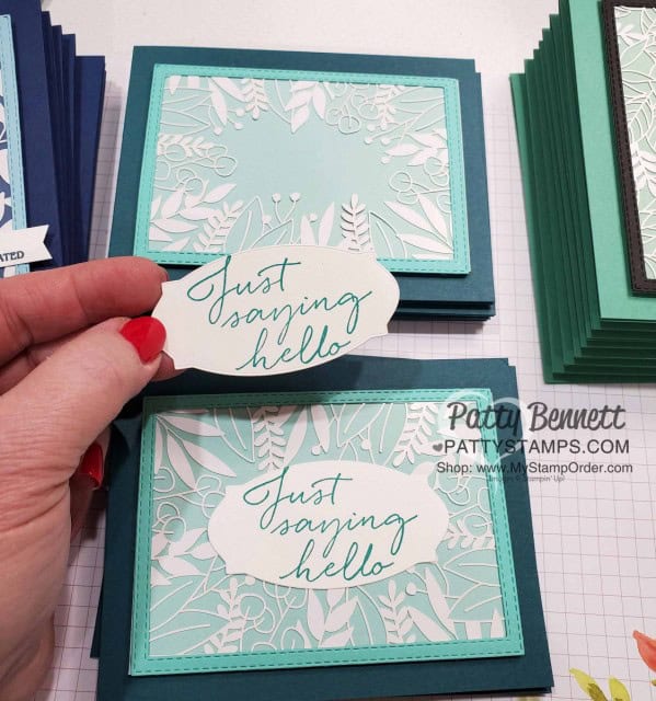 Laser-cut card featuring Stampin' UP! Forever Gold Laser-cut paper. Framed with Stitched Rectangle framelit and greeting from Tasteful Touches stamp set. www.PattyStamps.com