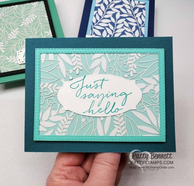 Laser-cut card featuring Stampin' UP! Forever Gold Laser-cut paper.  Framed with Stitched Rectangle framelit and greeting from Tasteful Touches stamp set. www.PattyStamps.com