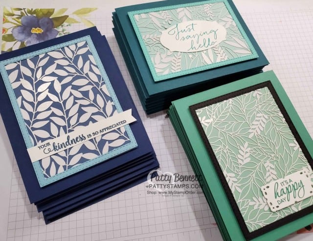 Laser-cut card ideas featuring Stampin' UP! Forever Gold Laser-cut paper. Card panels ready to add to your card. Framed with Stitched Rectangle framelit. www.PattyStamps.com