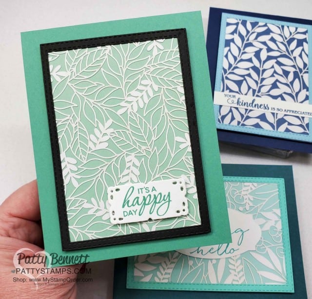Laser-cut card featuring Stampin' UP! Forever Gold Laser-cut paper.  Framed with Stitched Rectangle framelit and greeting from Pretty Parasol stamp set. www.PattyStamps.com