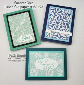 Laser-cut card ideas featuring Stampin' UP! Forever Gold Laser-cut paper. Card panels ready to add to your card. Framed with Stitched Rectangle framelit. www.PattyStamps.com