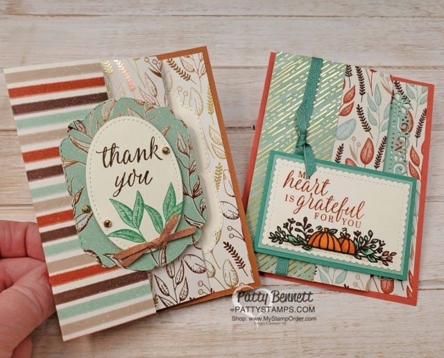 Gilded Autumn Fall Designer Paper from Stampin Up! - Holiday catalog 2020. Fun Fold Card idea with Celebration Labels dies, by Patty Bennett www.PattyStamps.com