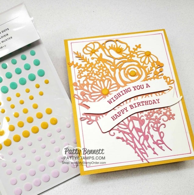 Hand Drawn Blooms bundle birthday card featuring Stampin' UP! Artistry Blooms paper and Playful Patterns Resin Dots. www.PattyStamps.com