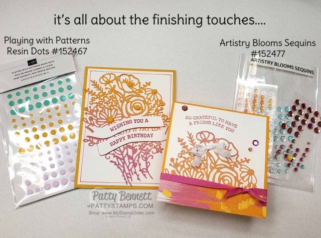 Hand Drawn Blooms bundle birthday card featuring Stampin' UP! Artistry Blooms paper and Playful Patterns Resin Dots and Artistry Blooms Sequins. www.PattyStamps.com