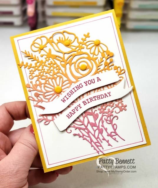 Hand Drawn Blooms bundle birthday card featuring Stampin' UP! Artistry Blooms paper and Playful Patterns Resin Dots. www.PattyStamps.com