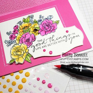 Magenta Madness Memories & More card and envelope idea featuring Jar of Flowers floral image colored with Stampin' Blends markers. Resin Dot colored with STampin' Blends. by Patty Bennett www.PattyStamps.com