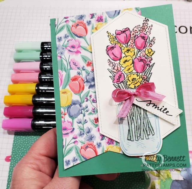 Mason Jar punch Jar of Flowers card featuring Stampin' Blends markers and Flowers for Every Season designer paper. www.PattyStamps.com