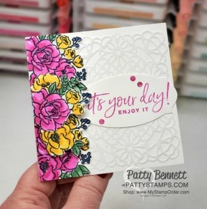 Stampin' UP! square vellum doily card featuring Jar of Flowers floral stamp image colored with Stampin' Blends markers, by Patty Bennett, Stampin' Up! demonstrator, www.PattyStamps.com