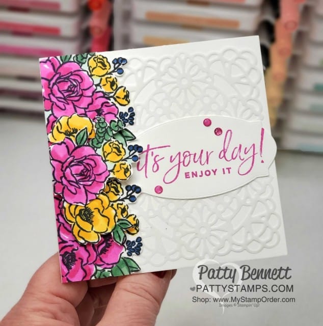 Stampin' UP! square vellum doily card featuring Jar of Flowers floral stamp image colored with Stampin' Blends markers, by Patty Bennett, Stampin' Up! demonstrator, www.PattyStamps.com