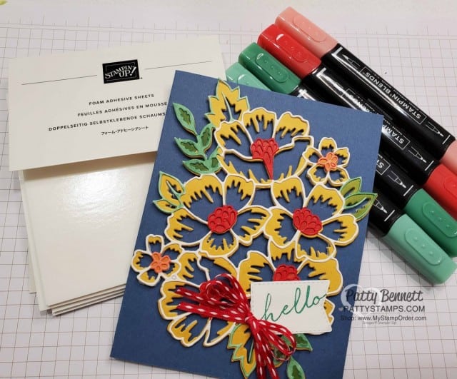 Stampin UP Foam Sheets create dimension with die cut images like this Many Layered Blossoms floral die. Card by Patty Bennett www.PattyStamps.com