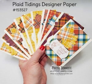 Create quick handmade fall note cards with the Stampin' UP! Plaid Tidings paper stack, Stitched Leaves dies and the Autumn Greetings stamp set. www.PattyStamps.com