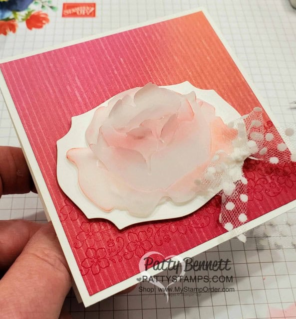 Die cut Prized Peony dies with Cardstock Vellum, sponge and curl edges. Card idea by Patty with supplies from Stampin' UP! www.PattyStamps.com