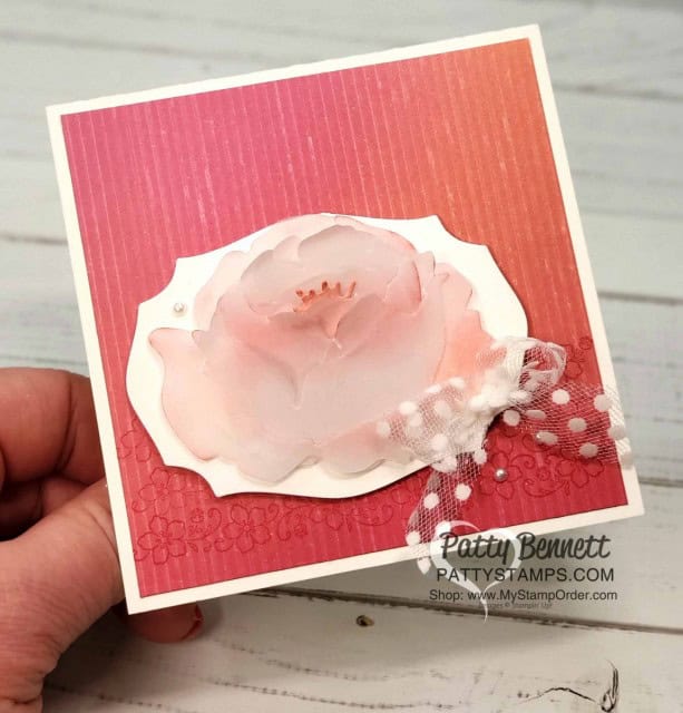 Die cut Prized Peony dies with Cardstock Vellum, sponge and curl edges. Card idea by Patty with supplies from Stampin' UP! www.PattyStamps.com