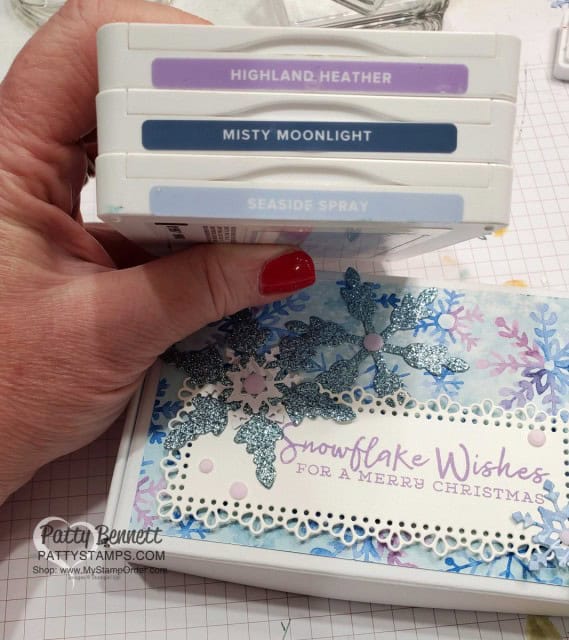 Color Combo for Christmas gift box with Snowflake Splendor papercrafting supplies from Stampin' UP!: Decorated Mini Paper Pumpkin box featuring Blue Glimmer Paper snowflakes. www.PattyStamps.com