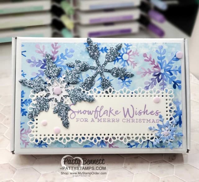 Christmas gift idea: Snowflake Splendor papercrafting supplies from Stampin' UP!: Decorated Mini Paper Pumpkin box featuring Blue Glimmer Paper snowflakes. www.PattyStamps.com