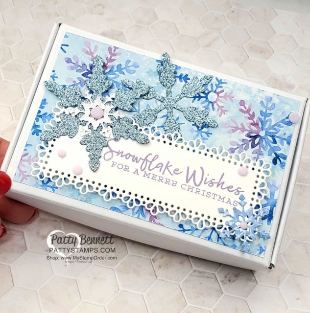 Christmas gift idea: Snowflake Splendor papercrafting supplies from Stampin' UP!: Decorated Mini Paper Pumpkin box featuring Blue Glimmer Paper snowflakes. www.PattyStamps.com