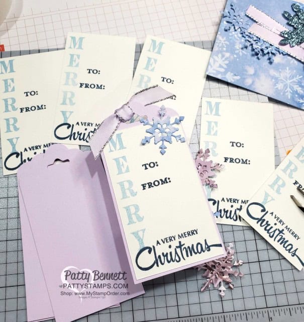 Christmas gift tags, created with Snowflake Splendor papercrafting supplies and Festive Corners stamp set from Stampin' UP! www.PattyStamps.com