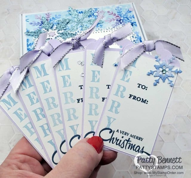 Christmas gift box  full of gift tags, created with Snowflake Splendor papercrafting supplies and Festive Corners stamp set from Stampin' UP!: Decorated Mini Paper Pumpkin box featuring Blue Glimmer Paper snowflakes. www.PattyStamps.com