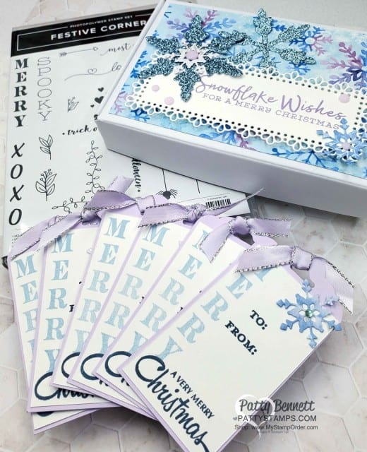 Christmas gift box full of gift tags, created with Snowflake Splendor papercrafting supplies and Festive Corners stamp set from Stampin' UP!: Decorated Mini Paper Pumpkin box featuring Blue Glimmer Paper snowflakes. www.PattyStamps.com