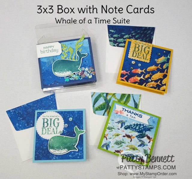 Whale of a Time Suite from Stampin' UP! cute 3x3 Acetate Box project with 3 cards featuring Whale punch and sequins! www.PattyStamps.com