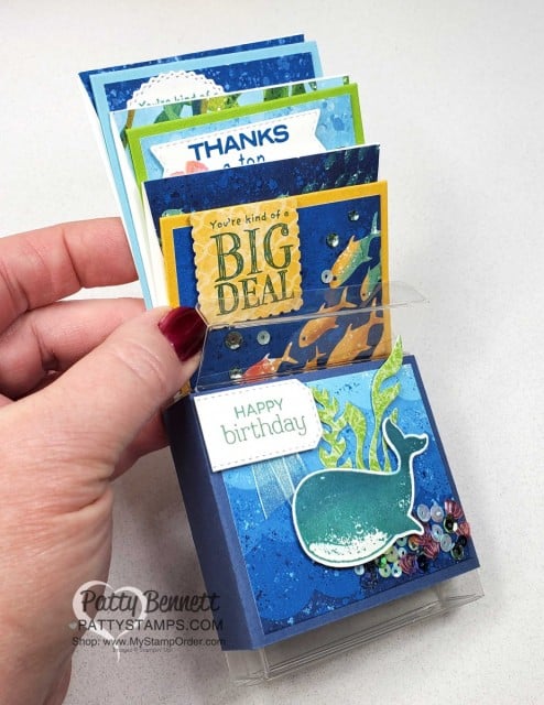 Whale of a Time Suite from Stampin' UP! cute 3x3 Acetate Box project with 3 cards featuring Whale punch and sequins! www.PattyStamps.com