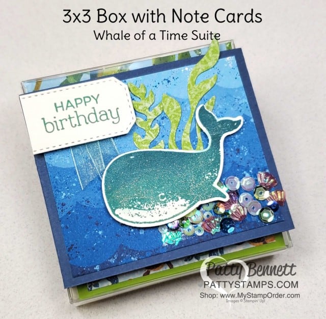 Whale of a Time Suite from Stampin' UP! cute 3x3 Acetate Box project with 3 cards featuring Whale punch and sequins! www.PattyStamps.com