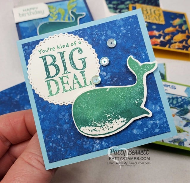 Whale of a Time Suite from Stampin' UP! cute 3x3 cards featuring Whale punch and sequins! www.PattyStamps.com