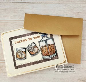 Whiskey Business Birthday Card featuring coloring with Stampin' Up! Blends markers, Acetate Sheets and gold cards & envelopes by Patty Bennett www.PattyStamps.com