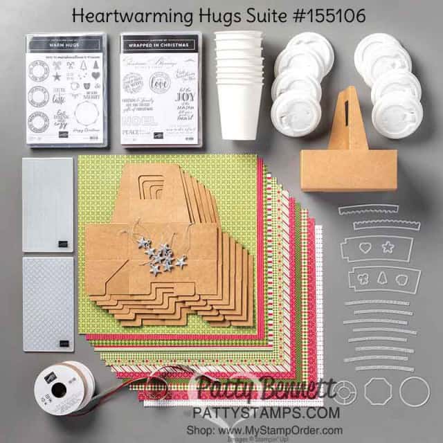 155106 Heartwarming Hugs Stampin Up Christmas card and mini coffee cup papercrafting products Holiday catalog 2020. www.PattyStamps.com