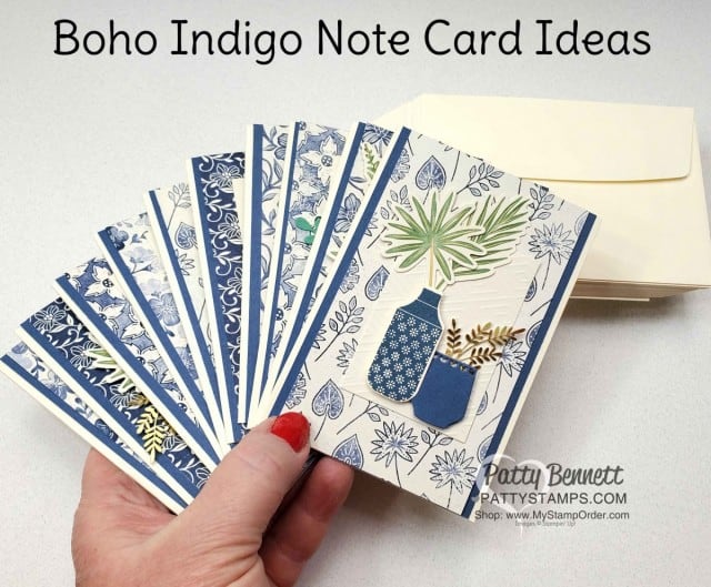 Boho Indigo Product Medley from Stampin Up, full of amazing card making and papercrafting supplies! Use Vanilla note cards/envelopes to create beautiful note cards. by Patty Bennett