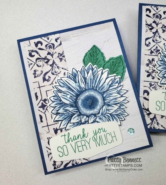 Easy coloring on the Celebrate Sunflowers image using Misty Moonlight ink pad and a Blender Pen. In Good Taste designer paper background. Card by Patty Bennett www.PattyStamps.com