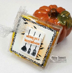 Stampin' UP! Halloween treat idea. Festive Post stamp set, Postage Stamp Punch and Magic in the Night designer paper on 3x3 Acetate Box. www.PattyStamps.com