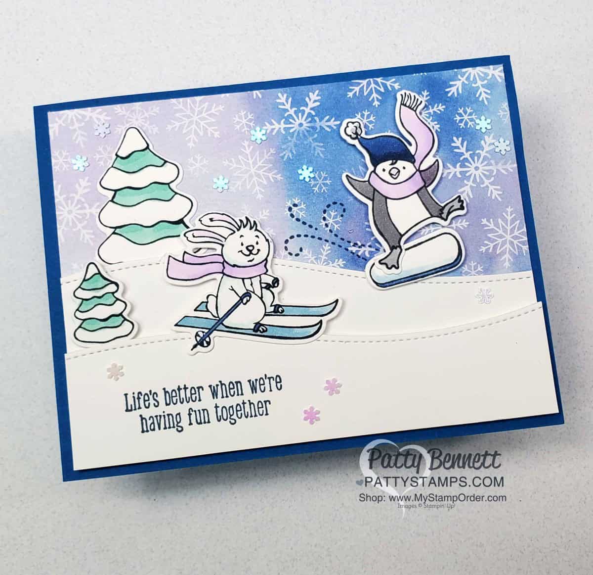 Freezin Fun card featuring Stampin' UP! Snowflake Splendor designer paper background and Stampin' Blends coloring by Patty Bennett www.PattyStamps.com