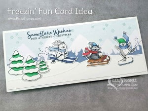 Slimline Freezin Fun winter / Christmas card featuring Stampin Up Trimming the Town designer paper and Stampin' Blends marker coloring by Patty Bennett www.PattyStamps.com