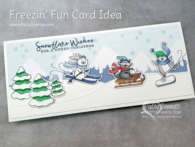 Slimline Freezin Fun winter / Christmas card featuring Stampin Up Trimming the Town designer paper and Stampin' Blends marker coloring by Patty Bennett www.PattyStamps.com