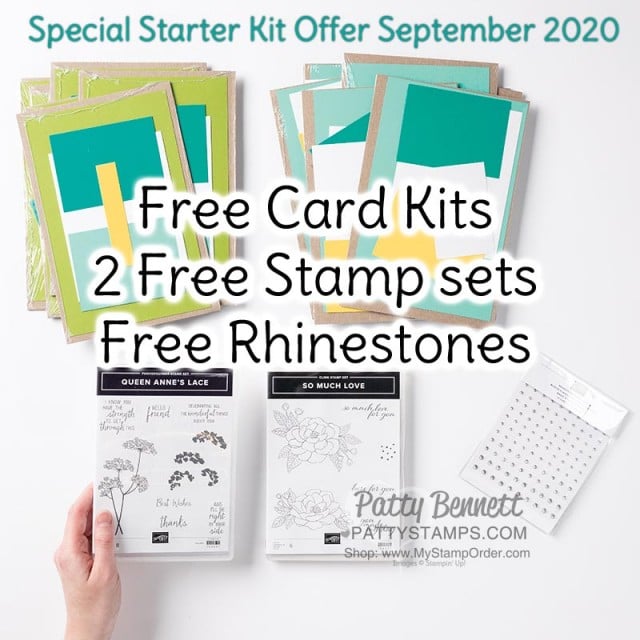Special offer: Join Stampin UP! in Sept 2020 and enjoy 2 free stamp sets, free card kits to make 16 cards and free rhinestones in your STarter Kit! Join the Luv 2 Stamp Group with Patty Bennett